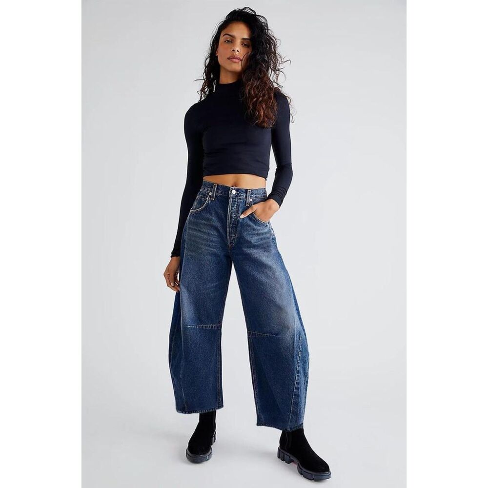 Brand New - Allimy Blue High Waisted Barrel Horseshoe Jeans